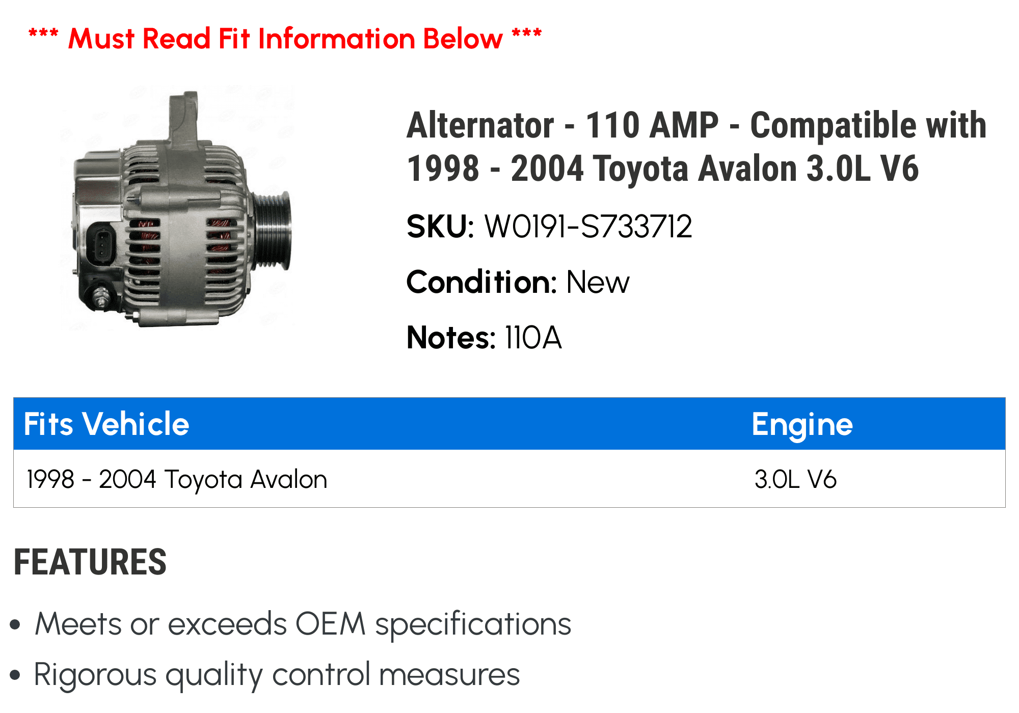 Alternator - 110 AMP - Compatible with 1998 - 2004 Toyota Avalon 3.0L V6 1999 2000 2001 2002 2003