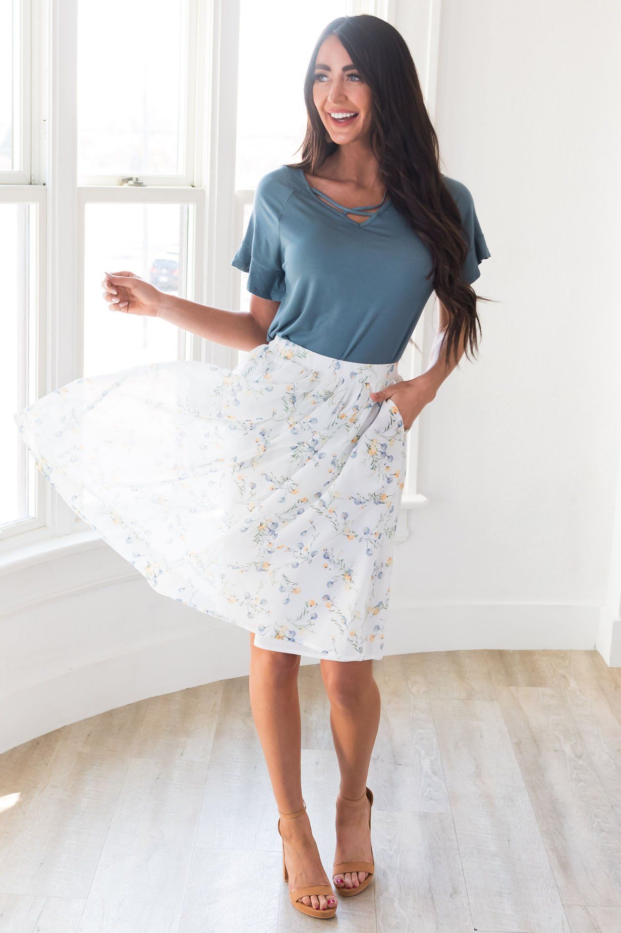 Blue & Yellow Poppy Chiffon Skirt