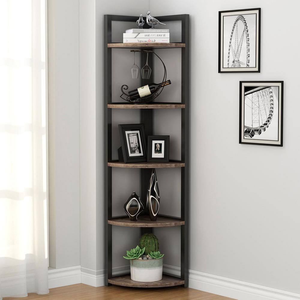 TRIBESIGNS WAY TO ORIGIN Charlie 59 in. Rustic Brown Wood and Black Metal Frame 5-Shelf Radial Corner Shelf Bookshelf Storage Rack Plant Stand HD-SFC0054