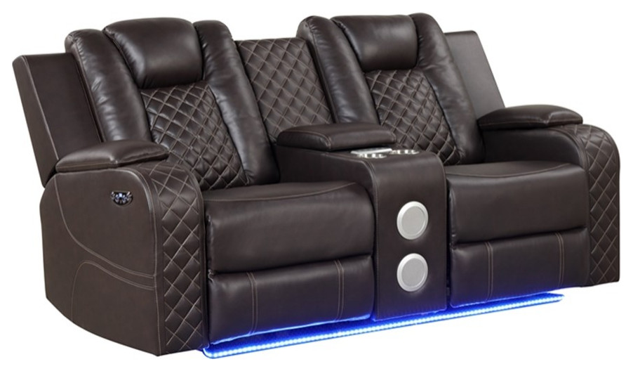 Benz LED  ampPower Reclining Loveseat Made With Faux Leather in Brown   Contemporary   Loveseats   by Homesquare  Houzz