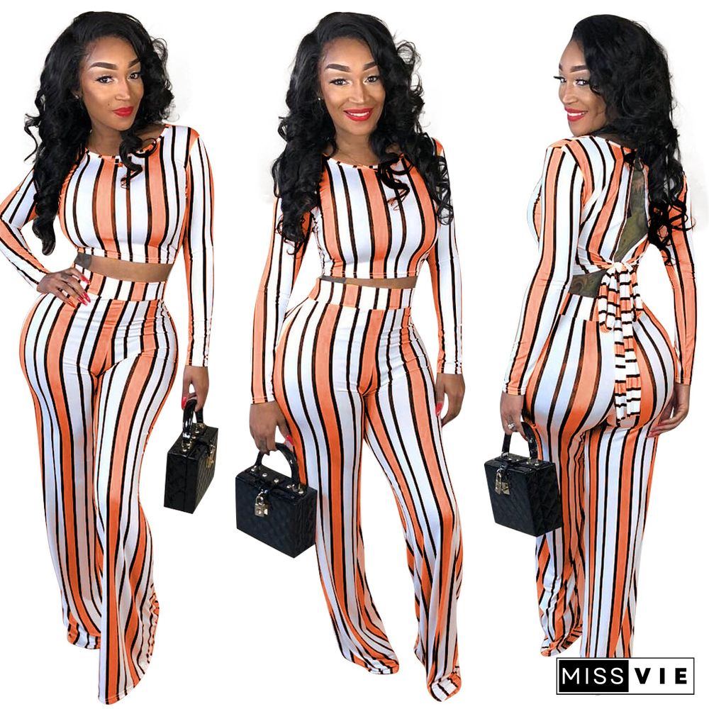 Casual Striped Round Collar Wide-legs Pants Set 2 Pieces