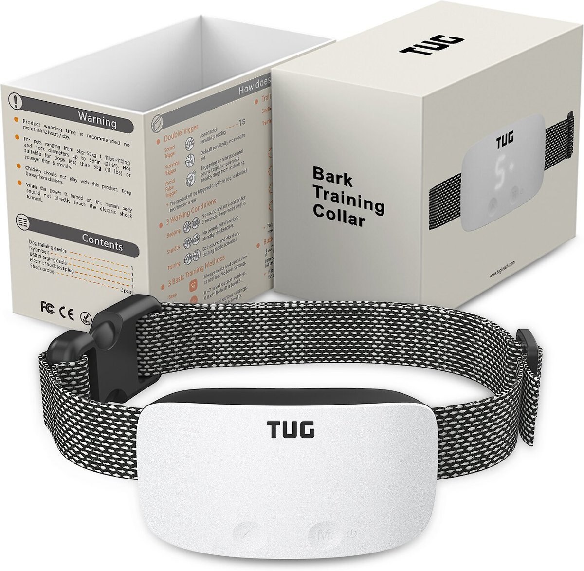 TUG Rechargeable Waterproof Dog Bark Collar， White