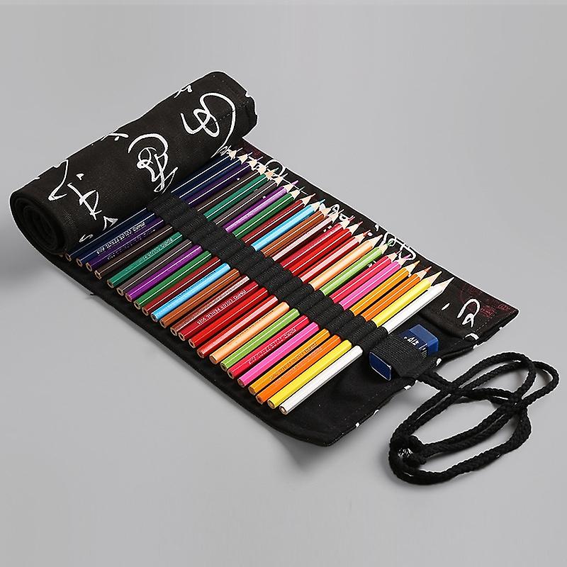 Calligraphy Cute Canvas Roll School Pencil Case Pencilcase Student Pen Bag Stationery Pouch Supplies(72 Holes)