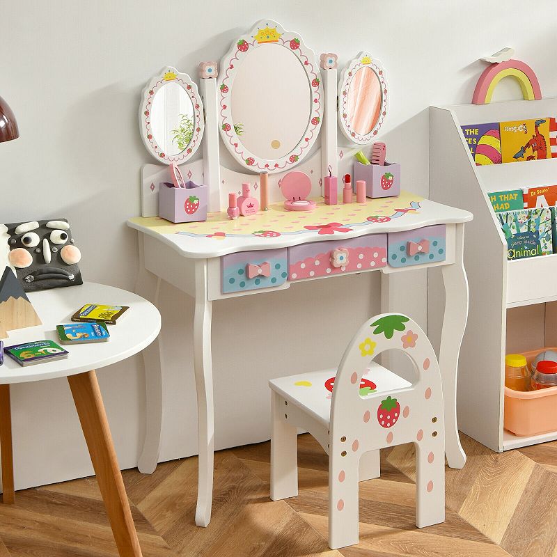 Kids Vanity Princess Makeup Dressing Table Chair Set With Tri-fold Mirror