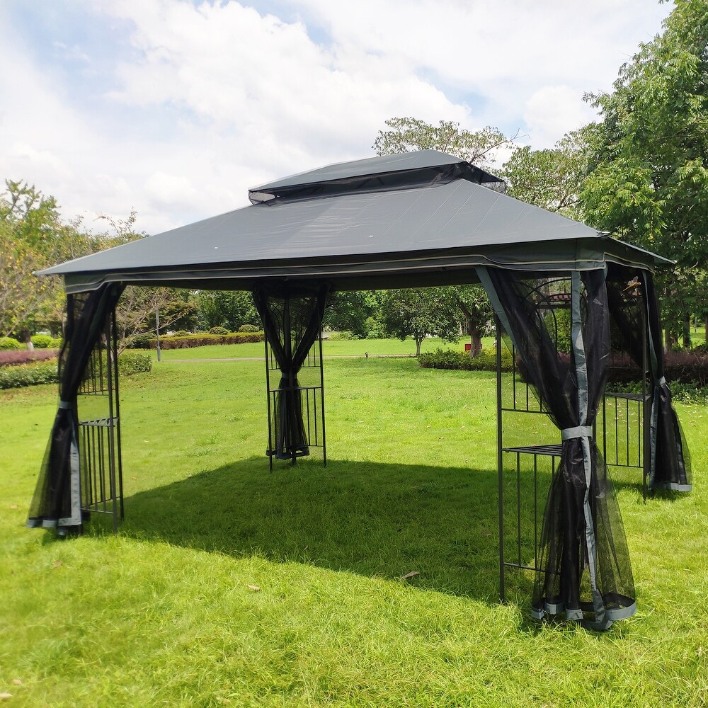 13' x 10' Outdoor Patio Garden Gazebo Canopy  Outdoor Shading with Steel Roof  2 Tier Roof Gazebo Tent With Curtains