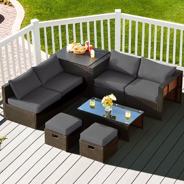 Gymax 8PCS Patio Rattan PE Wicker Conversation Set AllWeather