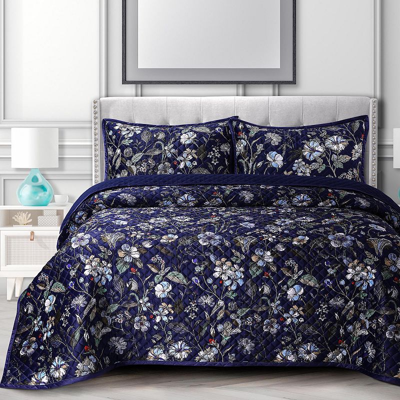 Azores Home Amara Oversized Velvet Quilt Set with Shams Indigo