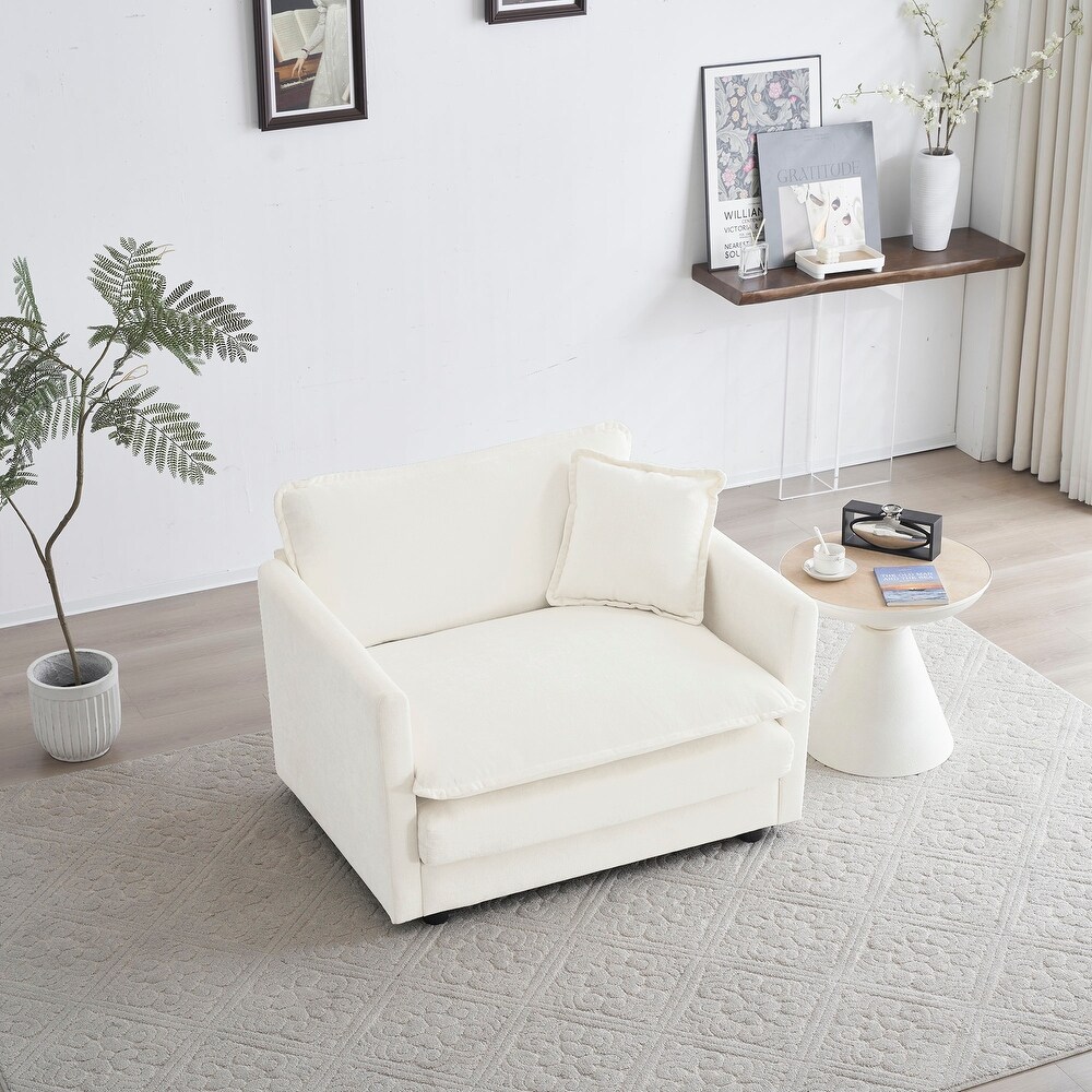 Comfy Deep Seat Single Sofa Chenille Fabric Lounge Armchair  Living Room Accent Chairs Loveseat with Toss Pillow  White