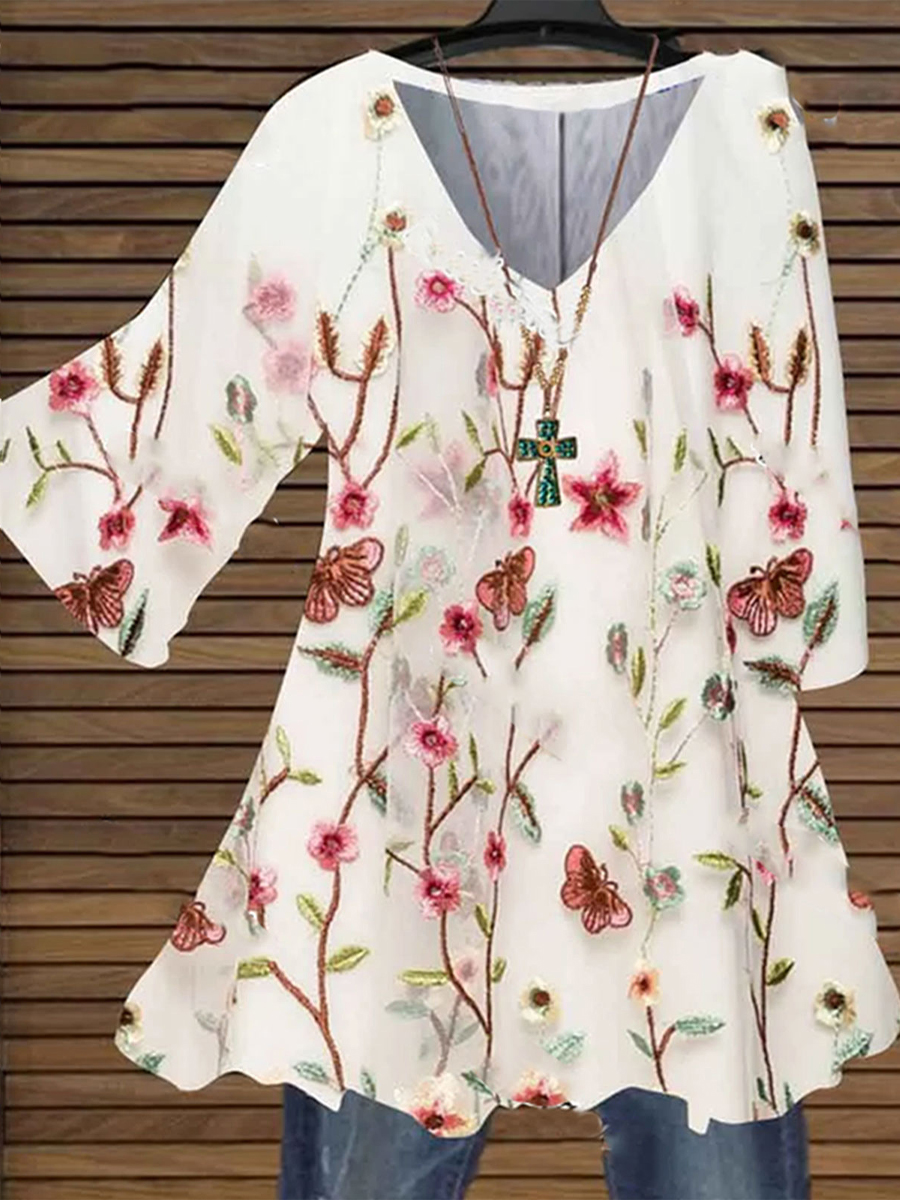 Casual Floral Print V-Neck Half-Sleeve Blouse