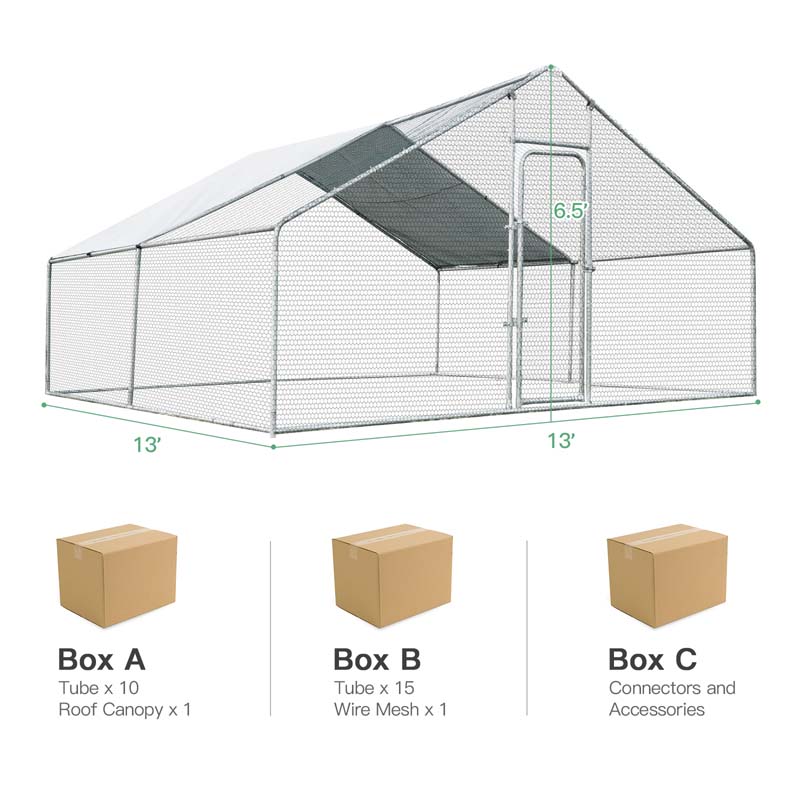 13' x 13' x 6.5' Galvanized Metal Large Walk-in Chicken Coop Cage Runs Hen House with Cover & Lockable Door