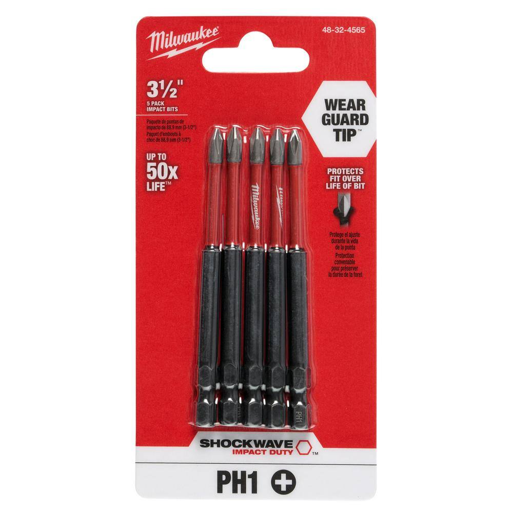 MW SHOCKWAVE Impact Duty 3-12 in. Phillips #1 Alloy Steel Screw Driver Bit (5-Pack) 48-32-4565