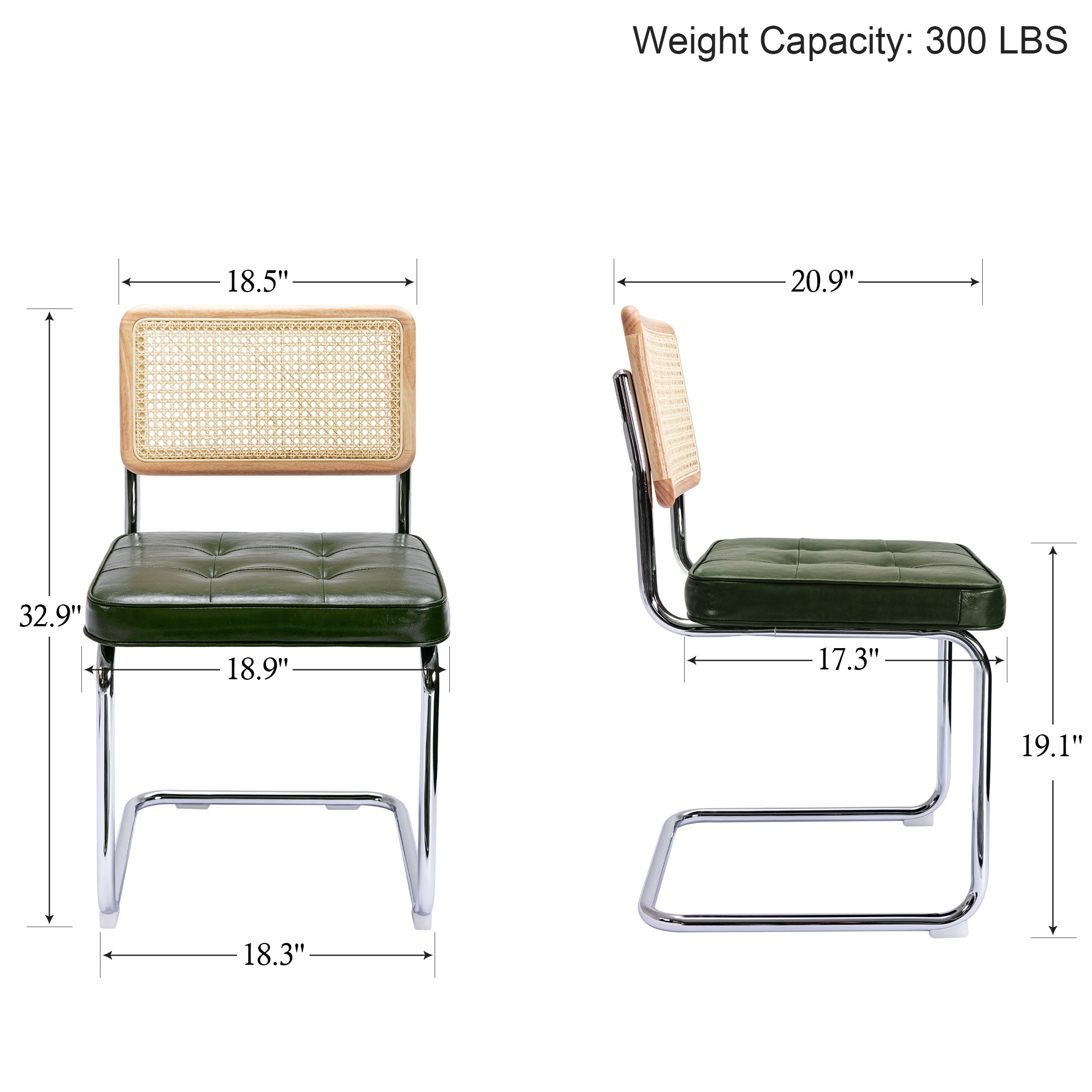 Zesthouse Rattan Dining Chairs Set of 2, Faux Leather Dining Chair with Cane Back and Chrome Legs, Mid-Century Modern Upholstered Kitchen Side Chairs for Dining Living Room, Green