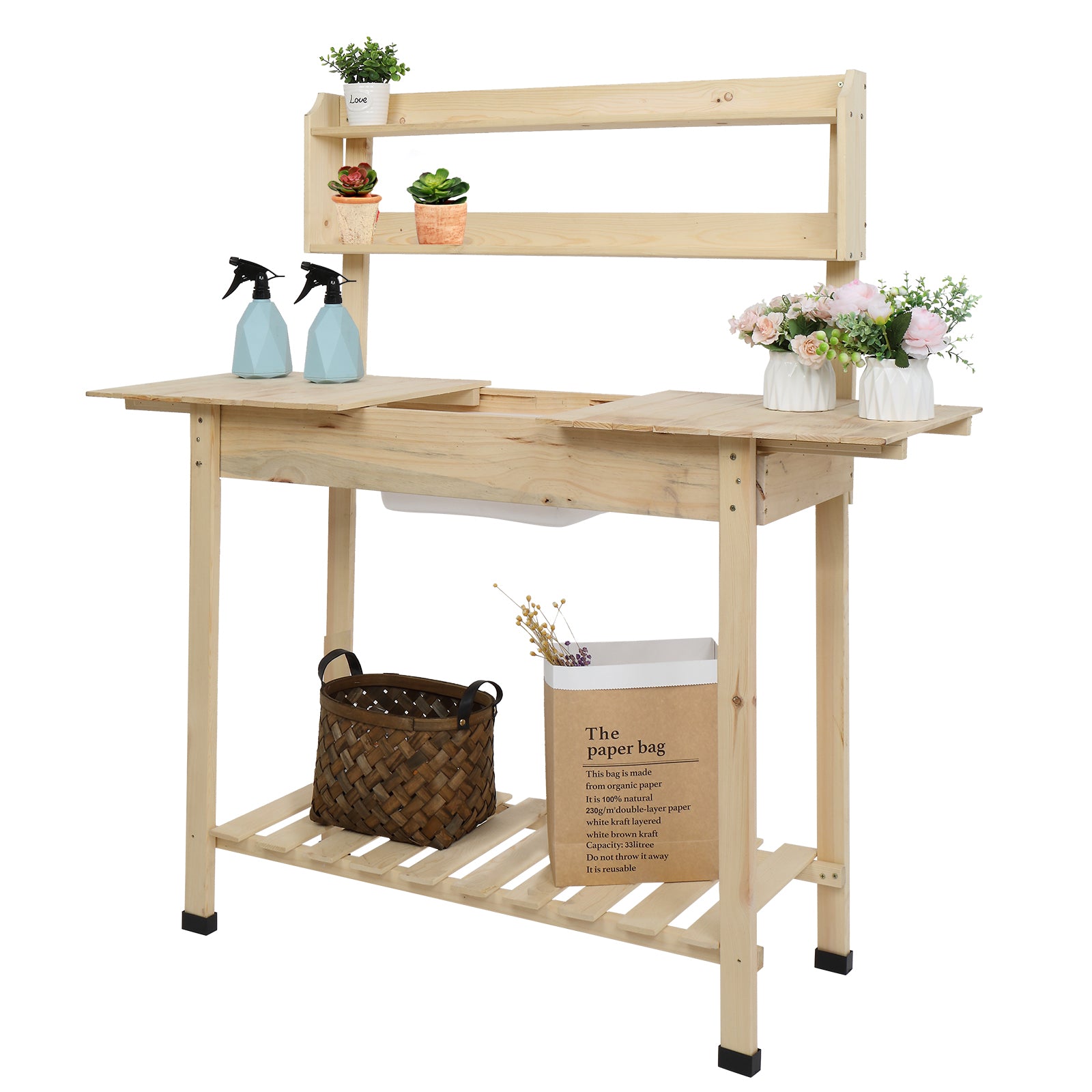 Luckinbaby Sliding Table-top Garden Workbench, Wood Gardening Desk with Shelves