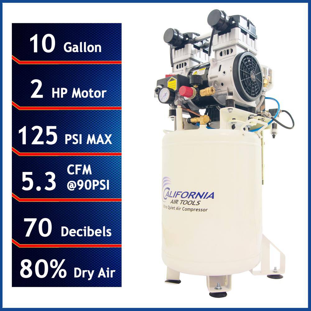 California Air Tools 10 Gal. 2 HP Ultra Quiet and Oil-Free Stationary Electric Air Compressor with Air Dryer and Auto Drain Valve 10020DCAD-22060