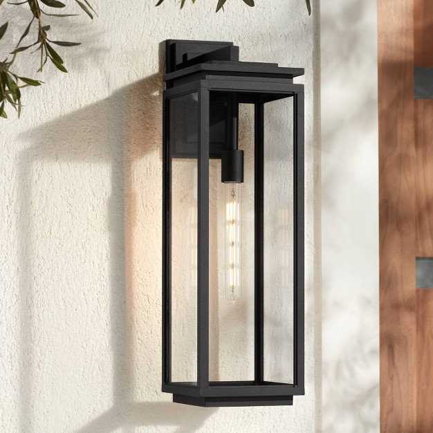 High Modern Outdoor Wall Light Fixture Mount Porch House Edison Bulb Matte Black Die Cast Metal Clear Glass Shade