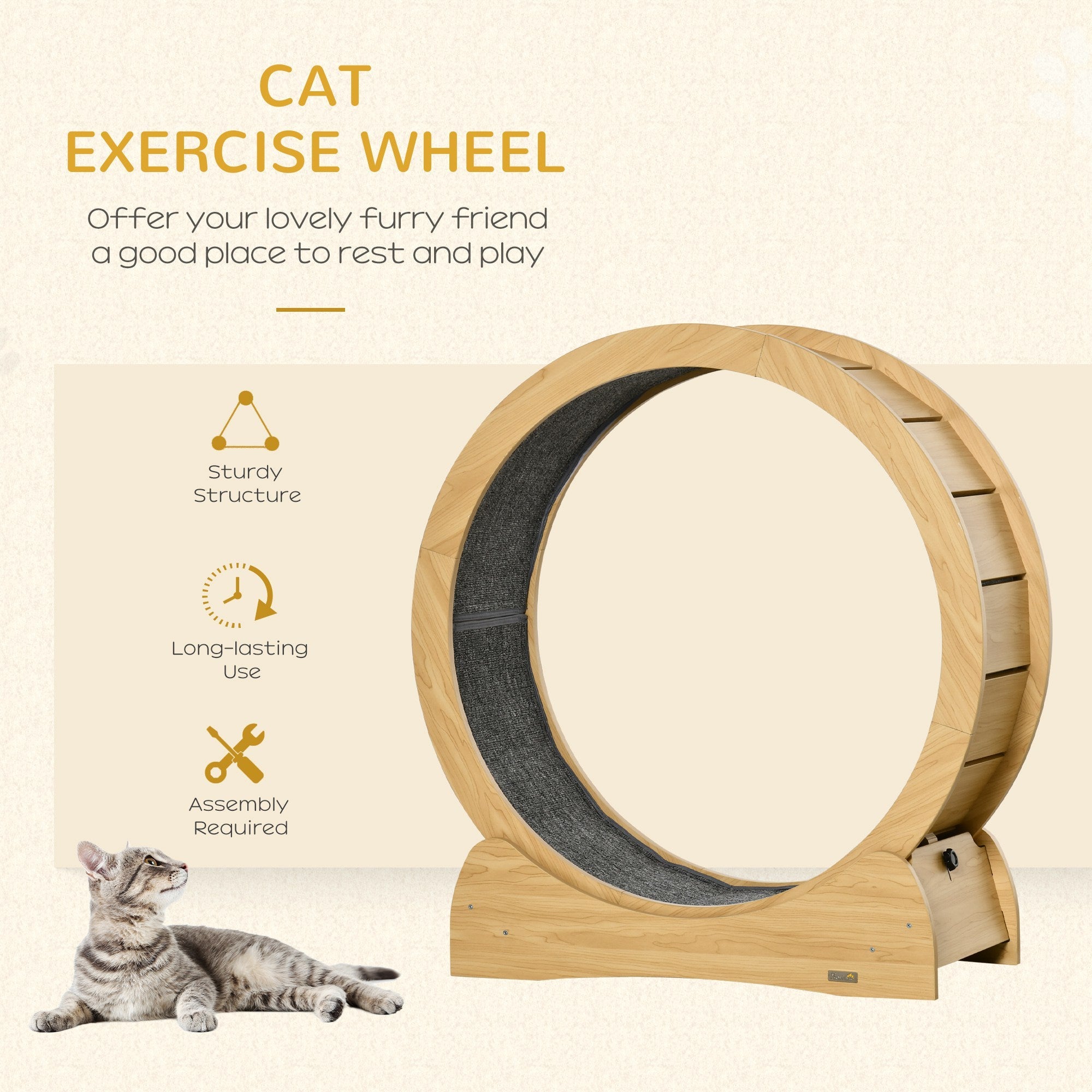 PawHut Cat Running Wheel Cat Tree with Carpet Runway Cat Exercise Wheel with Brake Cat Tower Pet Furniture for Kittens Natural