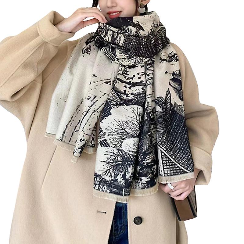 Women Casual Landscape Painting Print Long Shawl Animal Printed Large Blanket