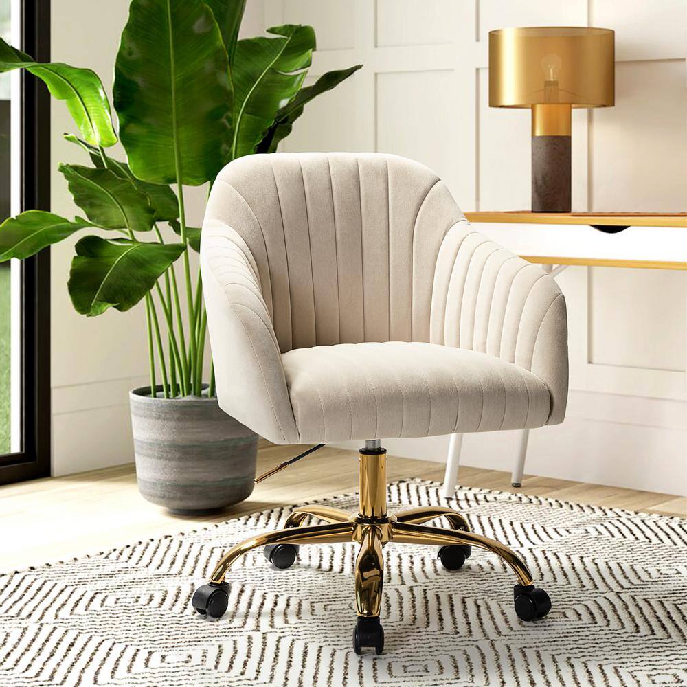 JAYDEN CREATION Sinda Modern Tan Velvet Swivel and Adjustable Task Chair with Gold Base CHDT0084-TAN-P