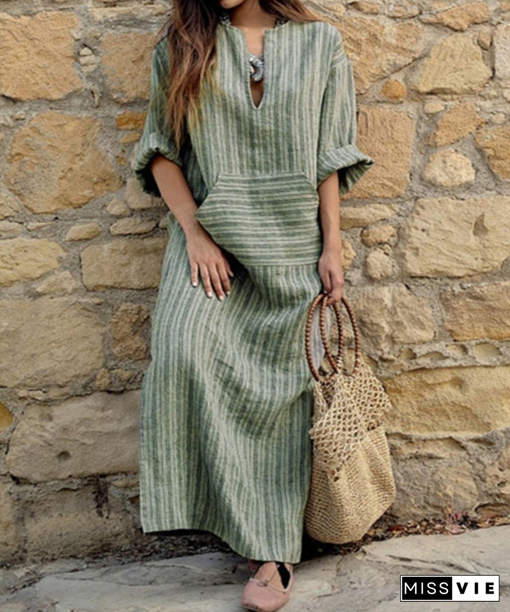 Cotton Linen Yarn Dyed Stripe Loose Long Dress