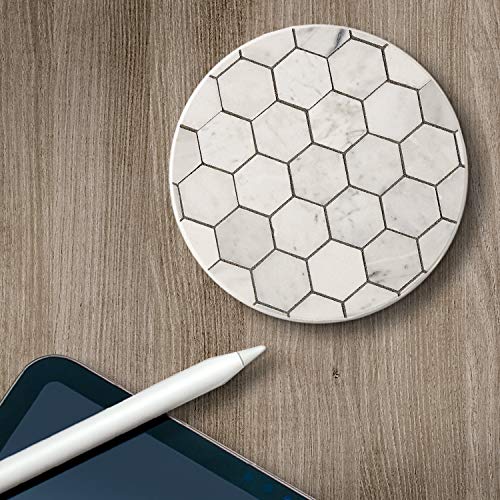 CounterArt Carrara Hexagon Round Single Absorbent Stone Tumbled Tile Coaster Made in the USA