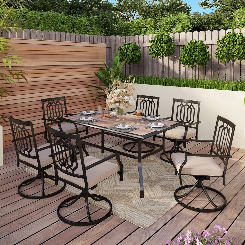 7 piece Patio Dining Set  1 Rectangle Wood like Table with Umbrella Hole and 6 Metal Swivel Chairs