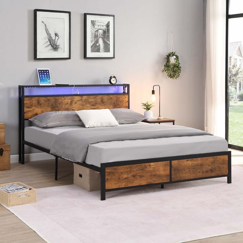 Industrial Queen/ Full Bed Frame with LED Lights and 2 USB Ports Rustic Brown