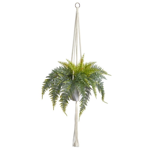 Nearly Natural 25 in Fern Hanging Artificial Plant In Decorative Basket