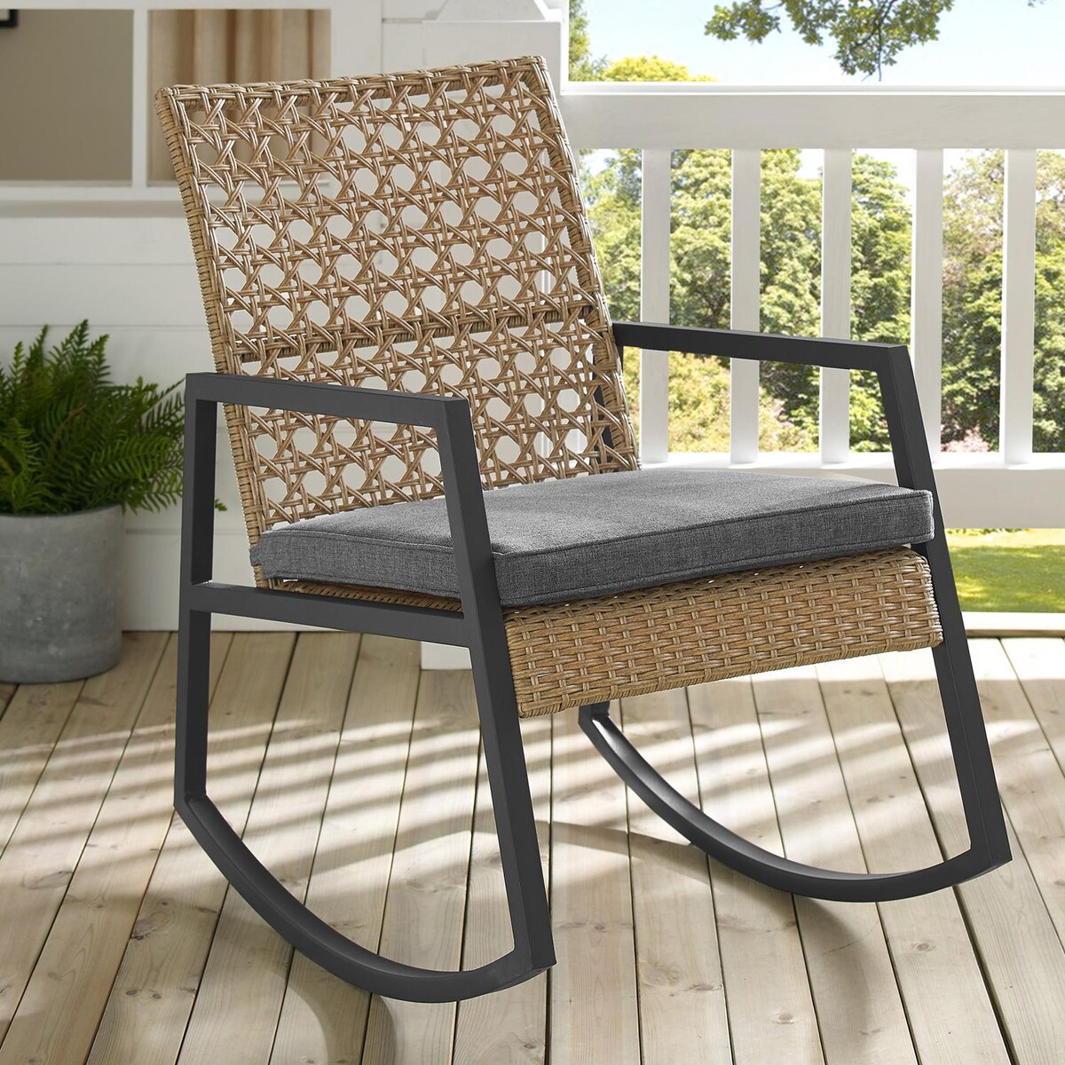 Ultimate Patio Pointebell Rattan and Steel Patio Rocking Chair W/ Gray Cushion