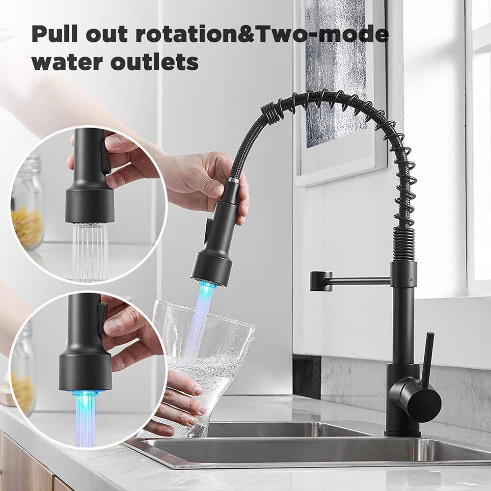 GIVING TREE Single-Handle Spring Spout Pull Out Sprayer Kitchen Faucet with LED Light in Matte Black HDLTQA0004