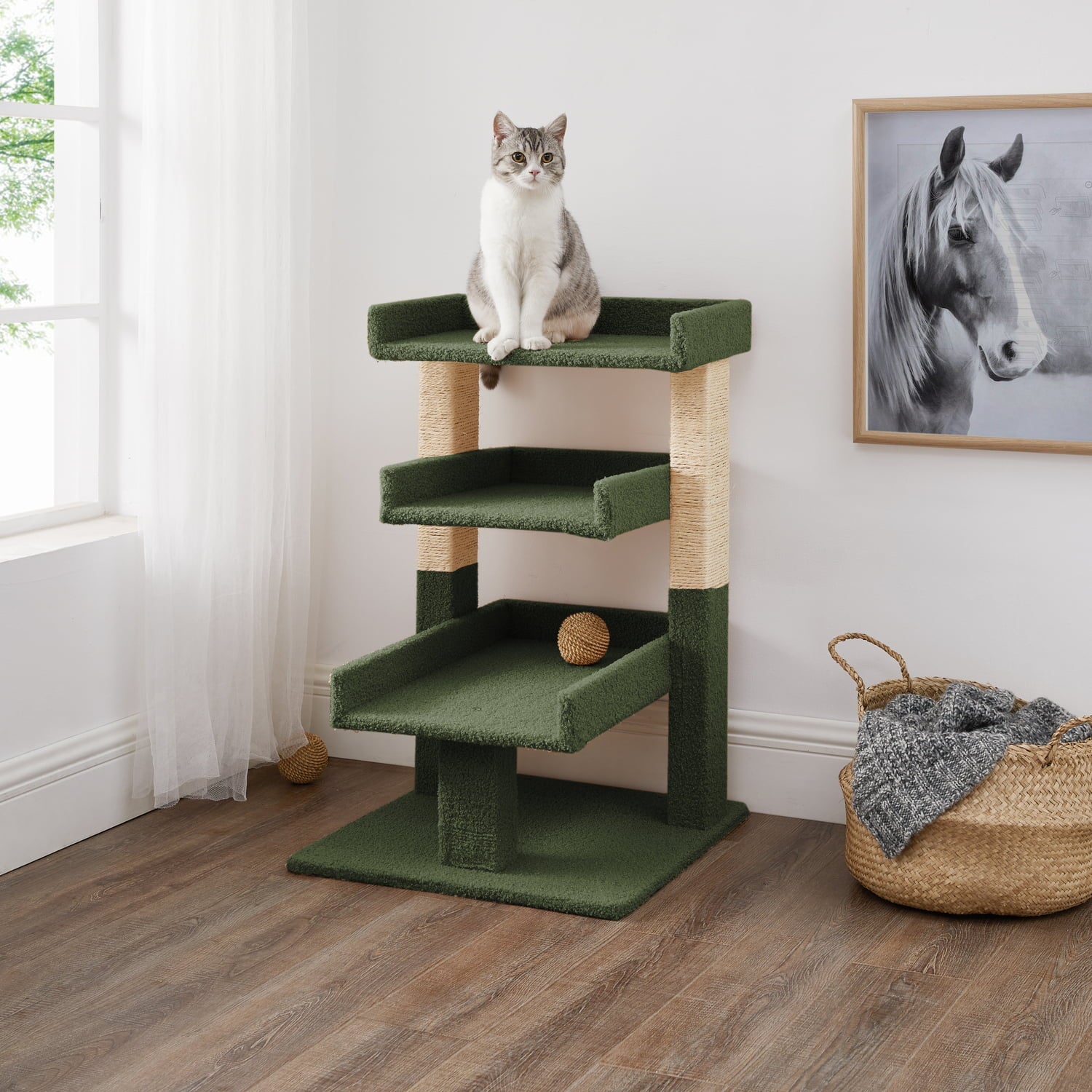 Naomi Home Cat Tree for Indoor Cats, Multi-level Cat Furniture with Condo Kitten Tower Kitty Stand Play House-Color: Green