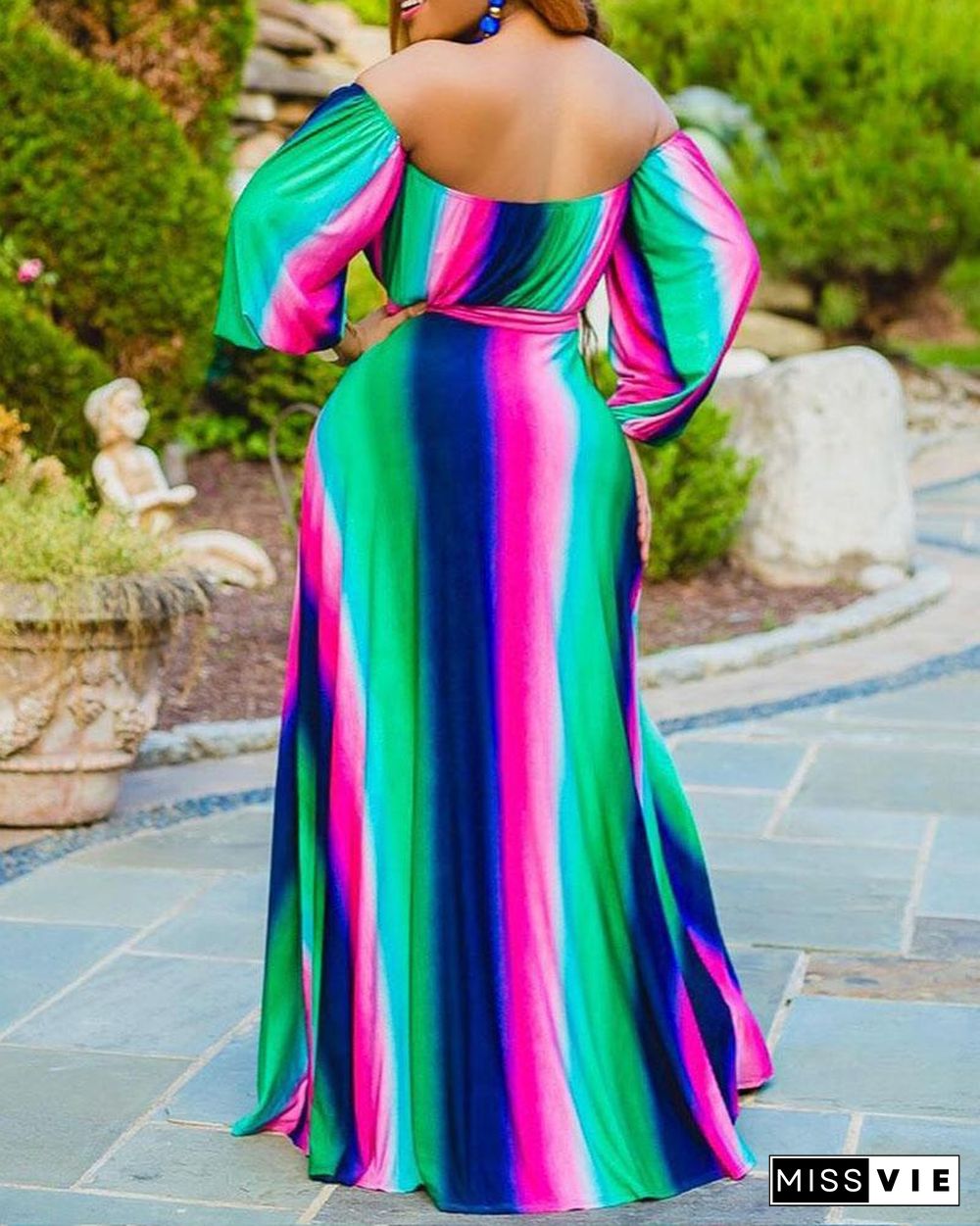 Colorful Striped Off the Shoulder Tie Front Maxi Dress