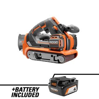 RIDGID 18V Brushless Cordless 3 in. x 18 in. Belt Sander with Dust Bag Sanding Belt and 18V Lithium-Ion 4.0 Ah Battery R86065B-AC87004