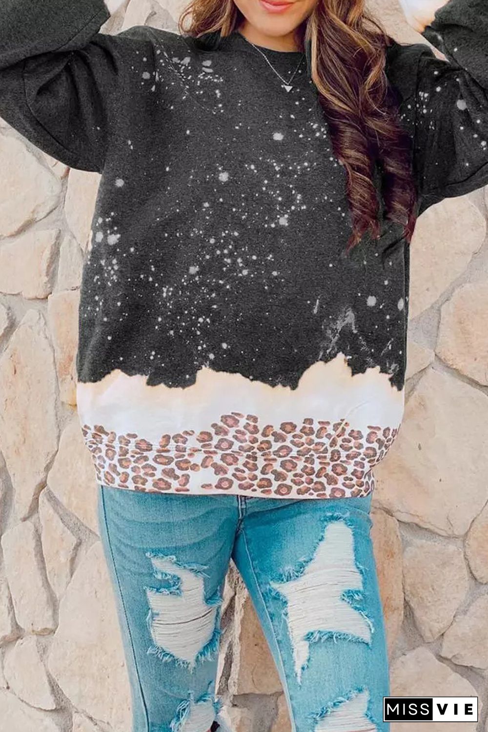 Black Leopard Bleached Pullover Sweatshirt