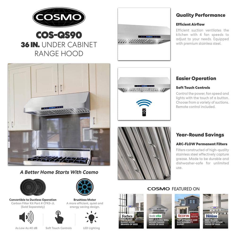 Cosmo 36 in Ducted Under Cabinet Range Hood in Stainless Steel with Touch Display LED Lighting and Permanent Filters