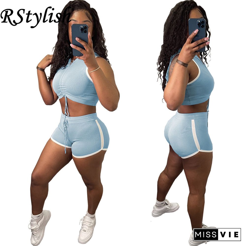 Drawstring Vest Sleeveless Crop Top Shorts 2 Piece Jogger Suit