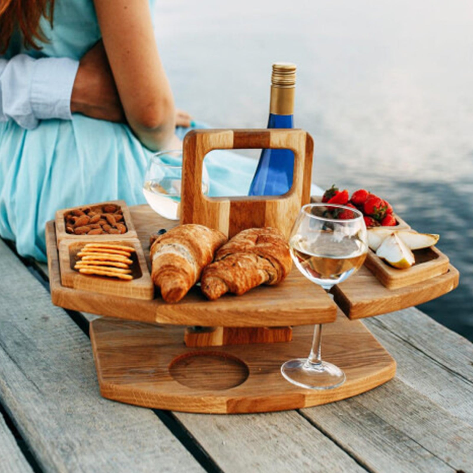 UDIYO Wood Picnic Wine Holder Removable Corrosion Resistant Picnic Wine Table With Fruit Tray for Outdoor