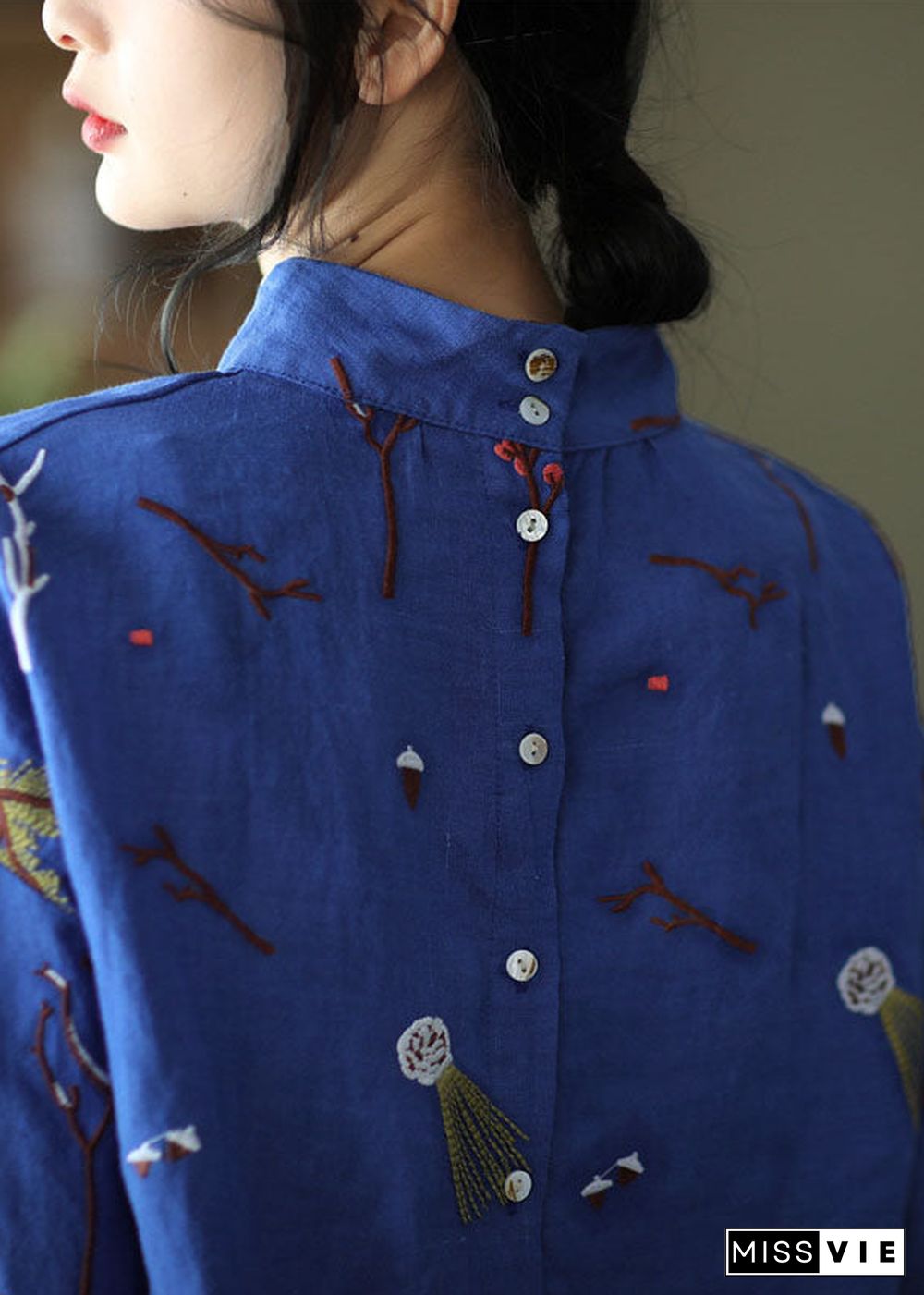 Stylish Blue Embroideried retro Linen Blouse Tops Spring