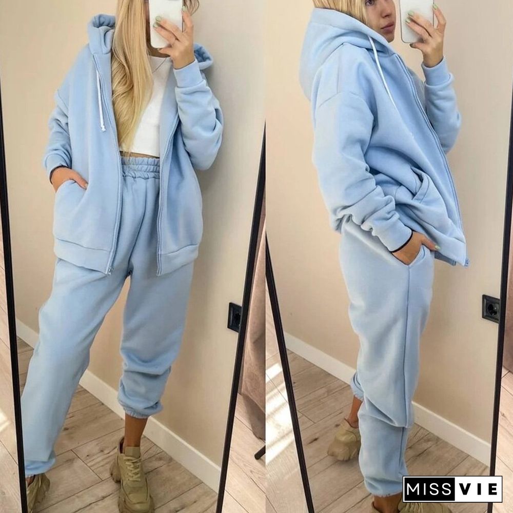 Casual Sports Women 2 Piece Sets Autumn Fashion Long Sleeve Zipper Hoodies Coats And Pants Set Loose Solid Color Ladies Suit New