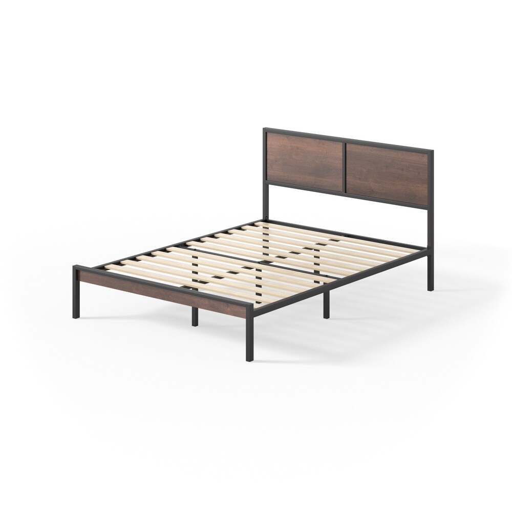 Priage by ZINUS Black and Brown Metal Platform Bed Frame with Split Headboard