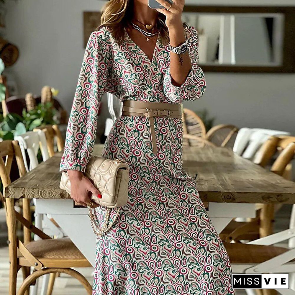 Autumn Vintage Boho Print Long Dress Women Elegant Long Sleeve V Neck Belt Dress Ladies Fashion Loose Office A-Line Dresses