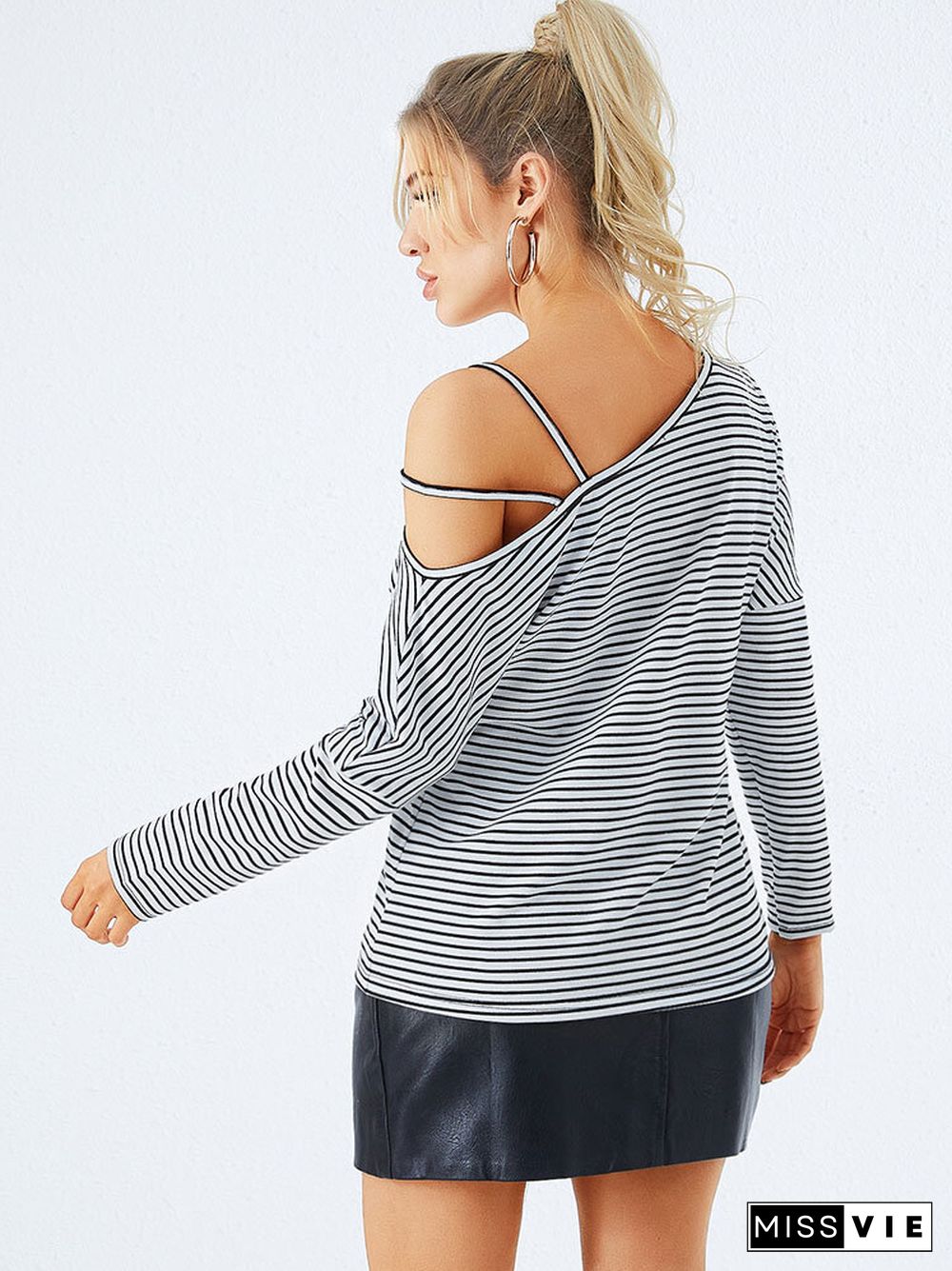 Stripe Print Irregular One Shoulder Strap Long Sleeve T-shirt