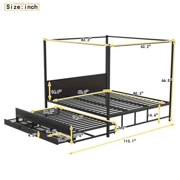 Queen Size Metal Canopy Platform Bed with Twin Siz...