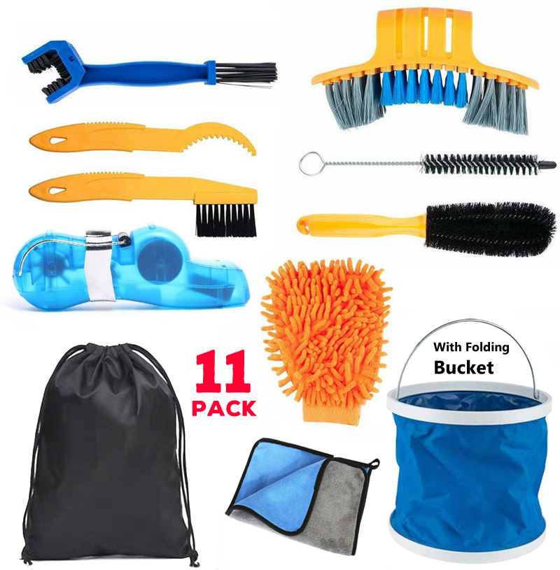 Newest Wholesale 11 PCS Bike chain cleaner Precision Bicycle Wash Cleaning Tool set Machine with Bucket Cycling Brushes Kit