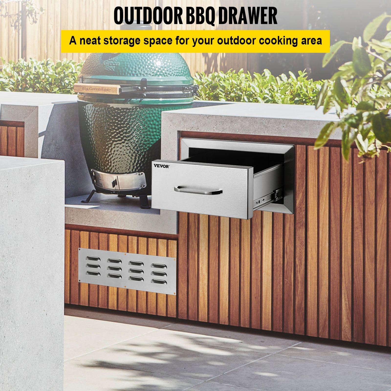 VEVOR 14x8.5 inch Outdoor Kitchen Drawers Stainless Steel, Flush Mount Double Drawers,14W x 8.5H x 23D Inch, with Stainless Steel Handle, BBQ Drawers for Outdoor Kitchens or BBQ Island