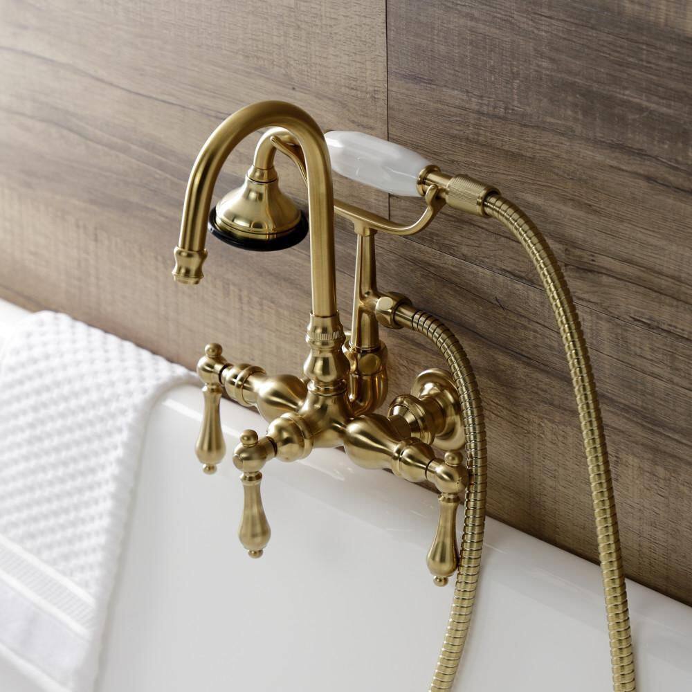 Kingston Brass Aqua Vintage 3-Handle Wall-Mount Clawfoot Tub Faucets with Hand Shower in Brushed Brass HAE7T7