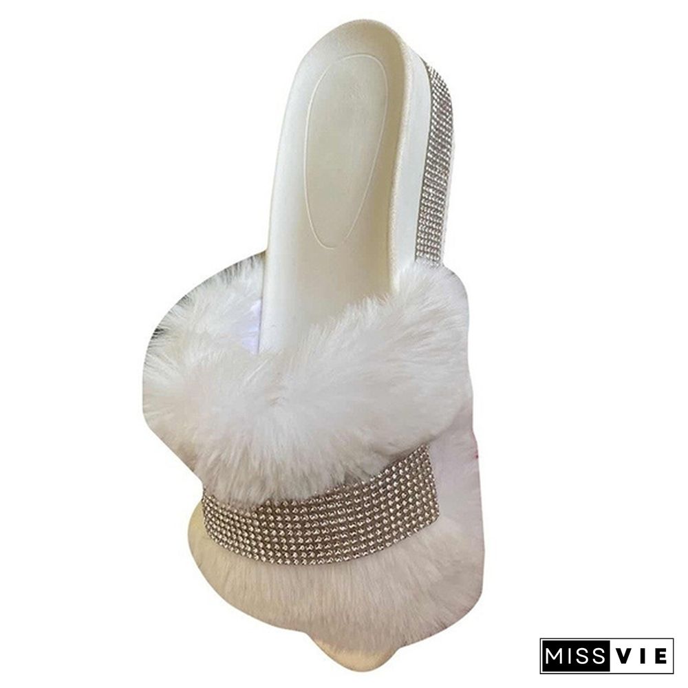 Women's Fashion Furry Slippers Platform Rhinestone Slippers