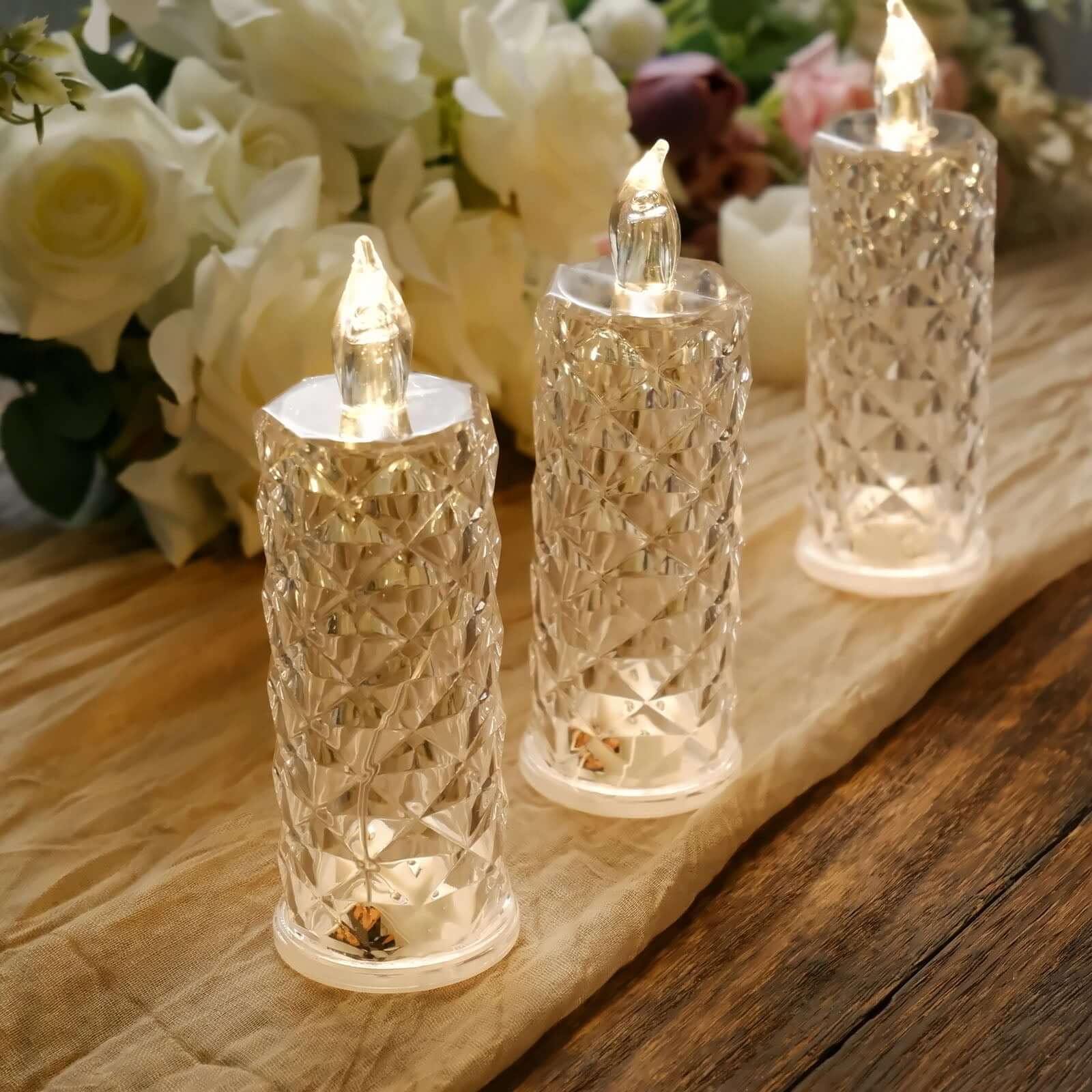 3 Pack Warm White LED Rose Halo Battery Operated Candle Lamps, Acrylic Diamond Pillar Flameless Candle Light 6