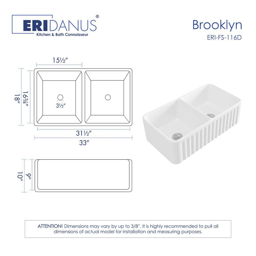 Eridanus Brooklyn Crisp White Fireclay 33 in. Double Bowl Farmhouse Apron Kitchen Sink with Bottom Grid ERI-FS-116D