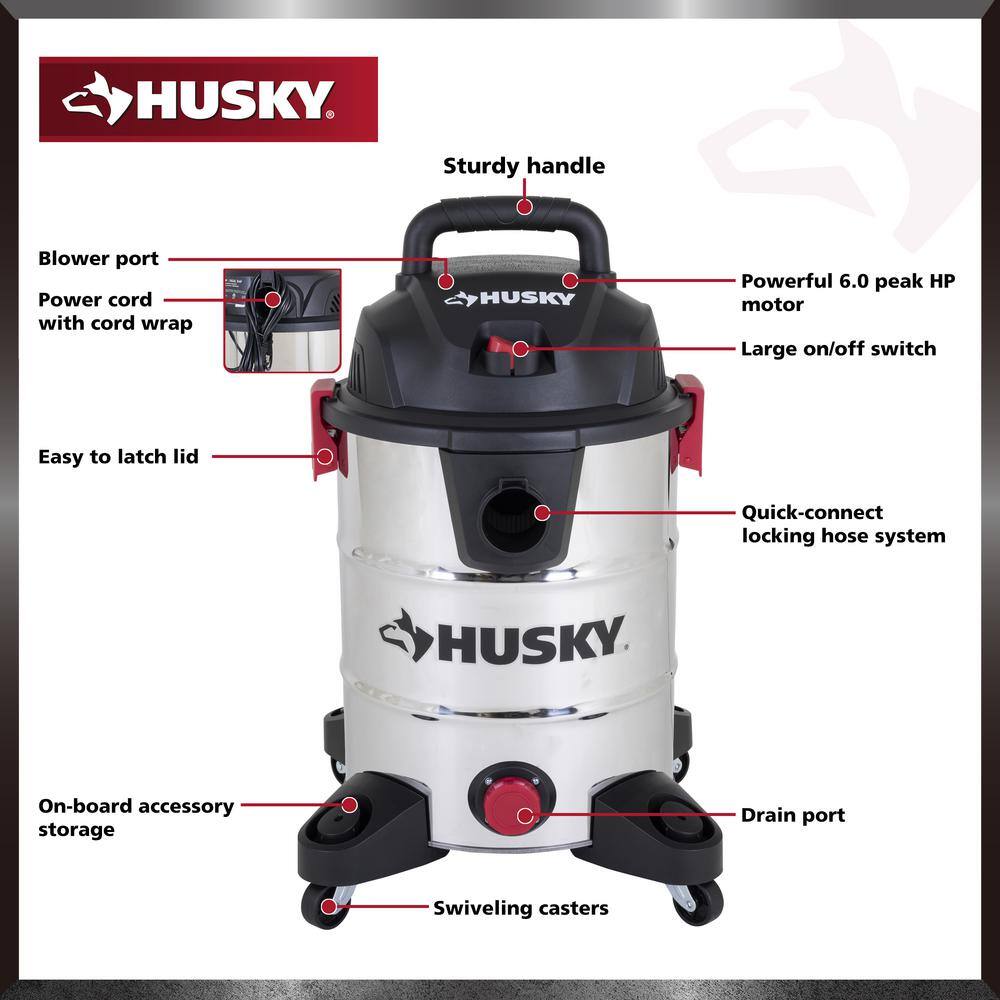 Husky 10 Gal. Stainless Steel WetDry Vac with Filter Hose and Accessories AT18503-10C