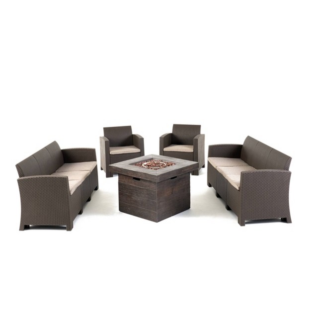 Jennings 5pc Faux Wicker Chat Set With Fire Pit Brown mixed Beige Christopher Knight Home